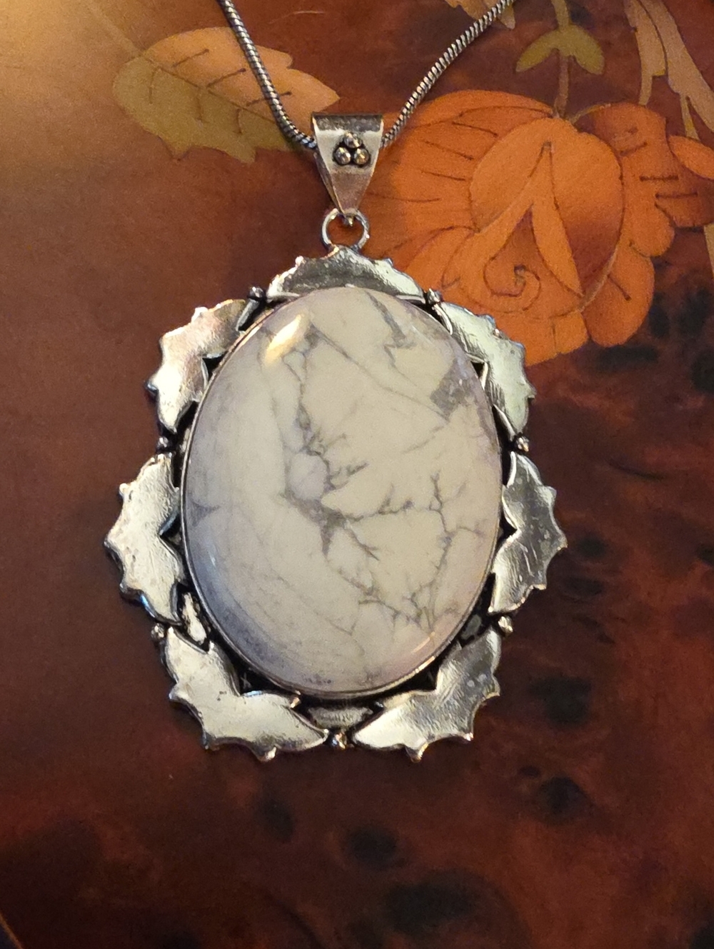 White Howlite Oval Pendant In German Silver With 18" Chain